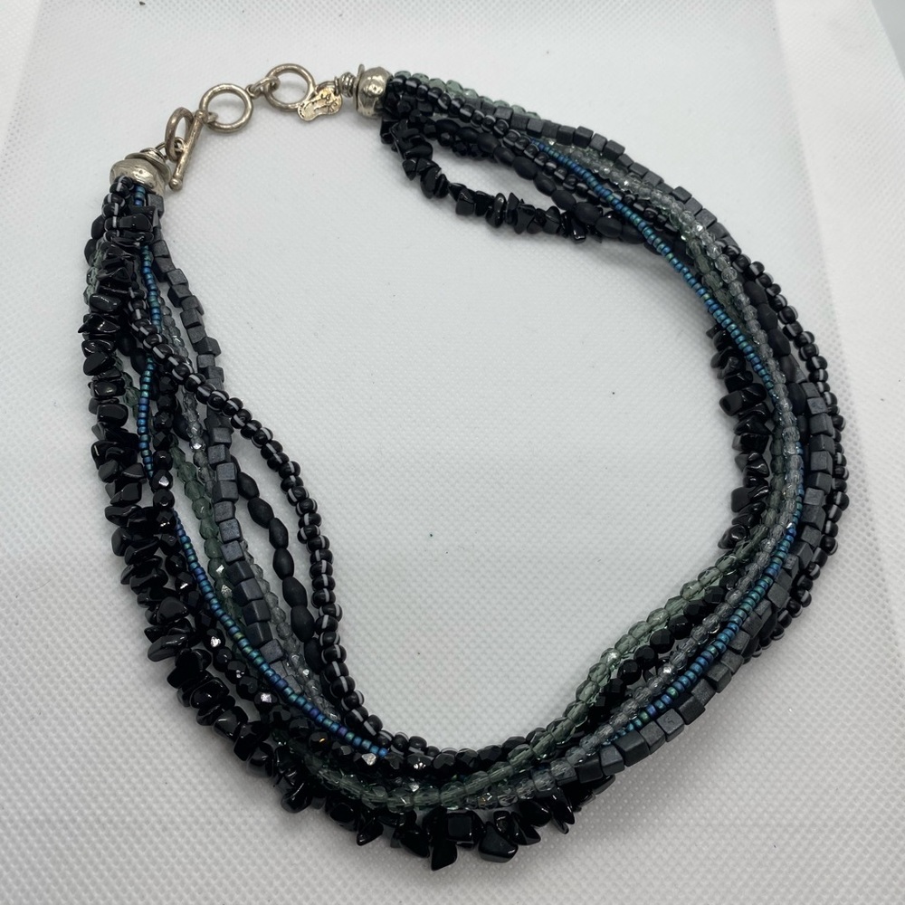 Shane Boyner Multi-strand Black, Blue and Silver Beaded Necklace